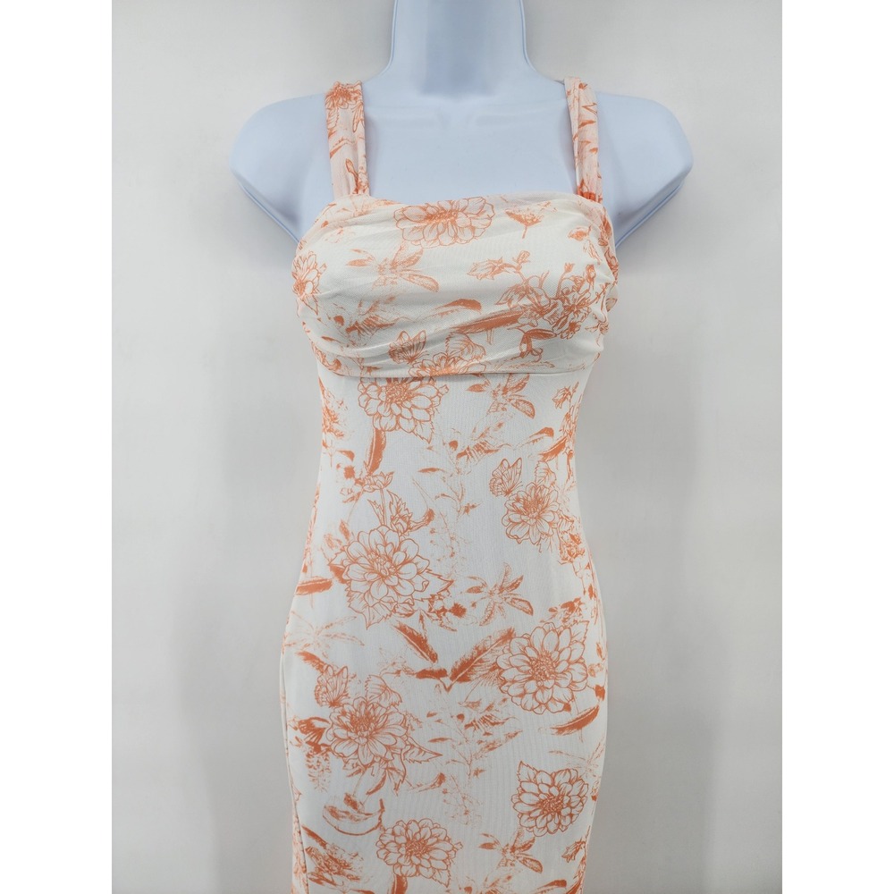 Orange White Floral Mesh Ruched Maxi Dress Women Size 2